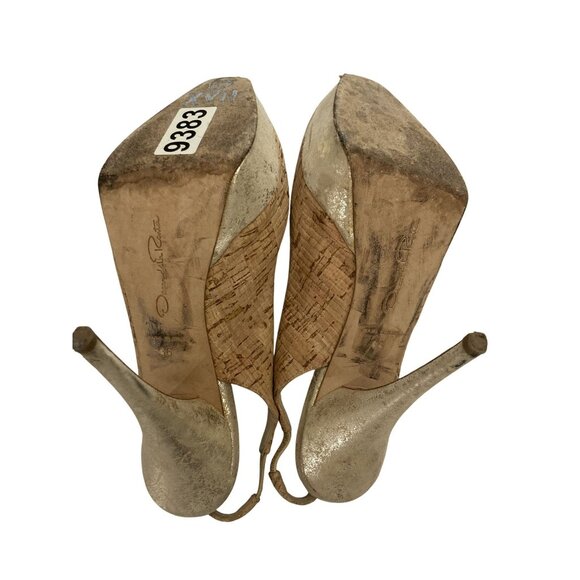 Oscar De La Renta Peep Toe Platform Slingback Heels Size 5.5 Tan & Gold - Picture 7 of 7